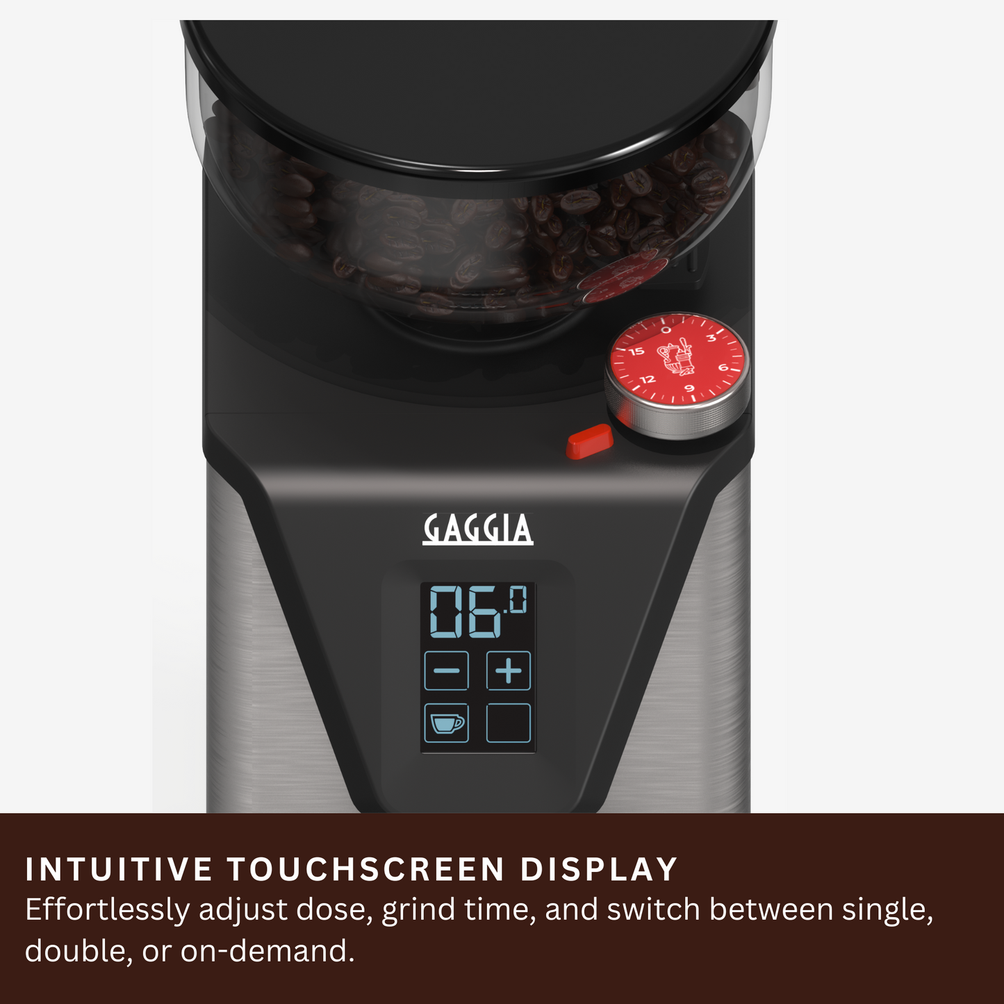 Gaggia Milano MDF 55 Coffee Grinder: Touchscreen & Rotating Knob Controls, Stepless Micrometric Adjustment, Flat Burr, 310W Motor, 250g Hopper – Made in Italy