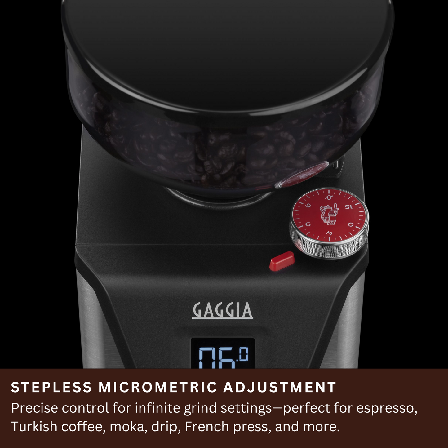 Gaggia Milano MDF 55 Coffee Grinder: Touchscreen & Rotating Knob Controls, Stepless Micrometric Adjustment, Flat Burr, 310W Motor, 250g Hopper – Made in Italy