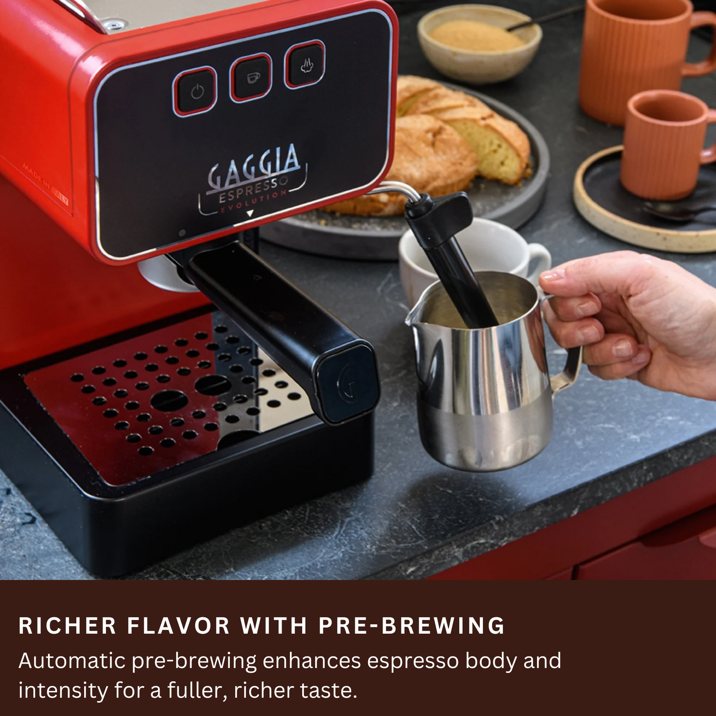 Gaggia Espresso Evolution | PID-Controlled Boiler | Articulated Pannarello | Memo function | Made In Italy | Color: Lava Red