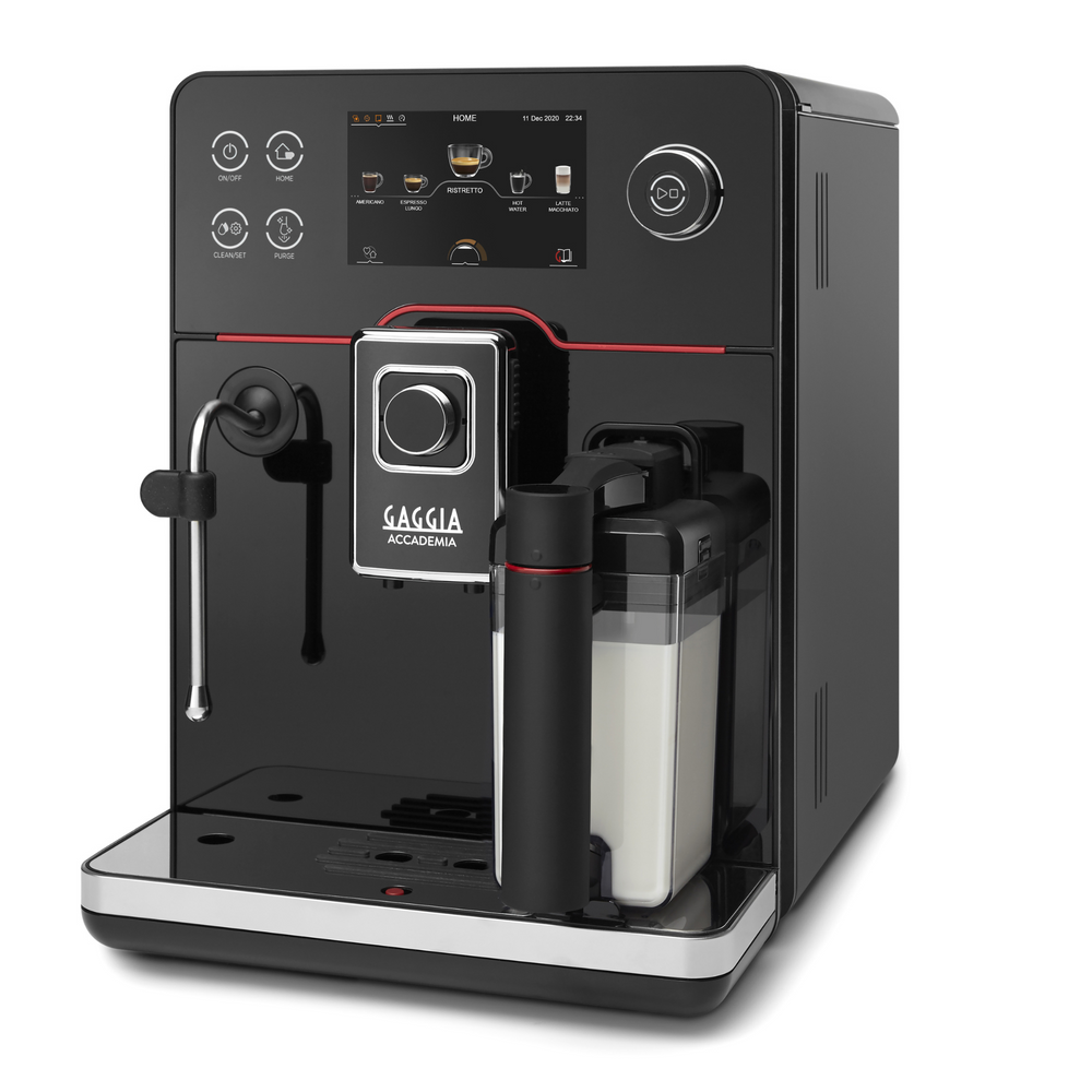 Gaggia New Accademia | 19 Drinks At Tap of Icon | 2 Milk Systems - Milk Carafe and Steam Wand | Control Water Flow Through Coffee | Luxury Black Glass Facade  | Made in Italy