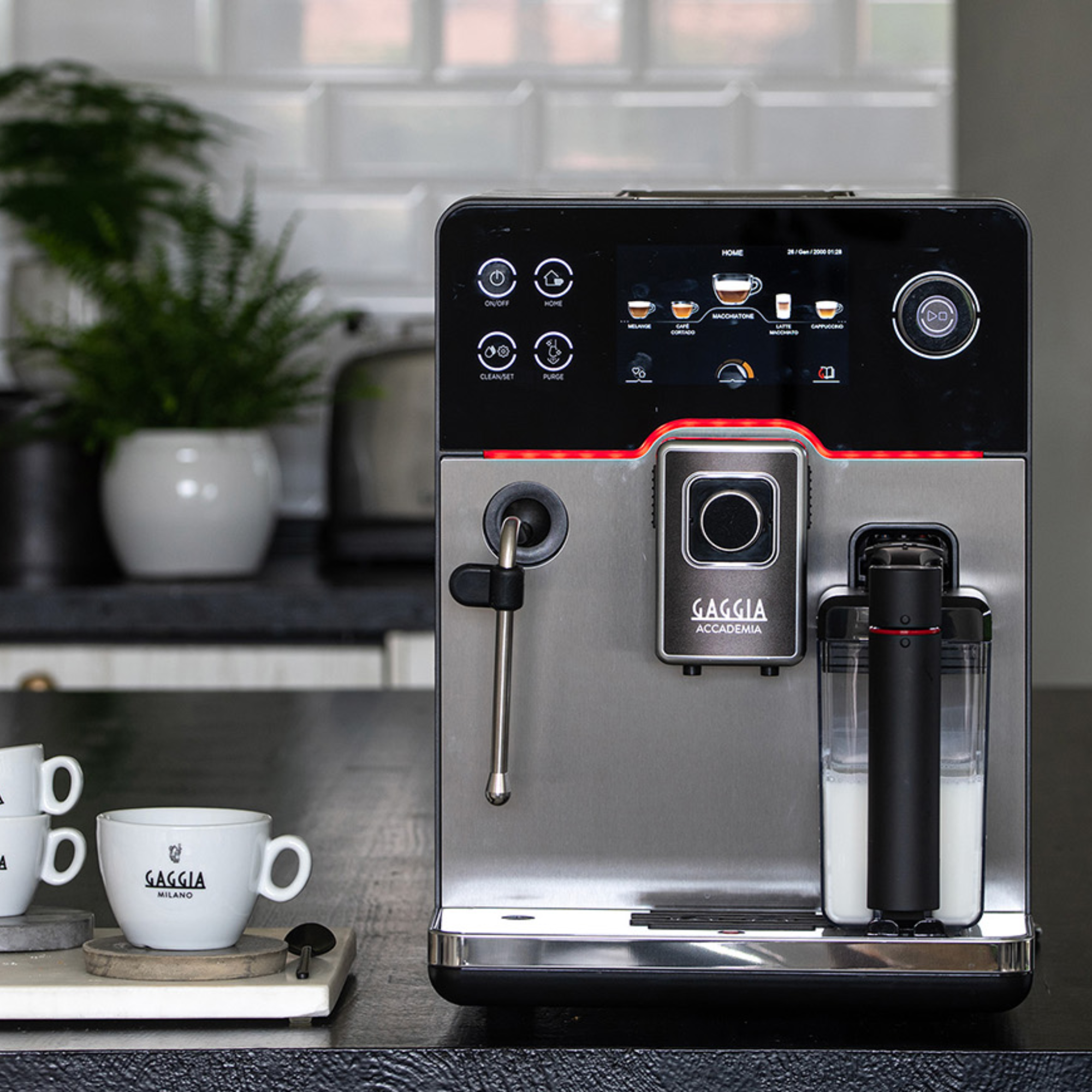 Gaggia New Accademia | 19 Drinks At Tap of Icon | 2 Milk Systems - Milk Carafe and Steam Wand | Control Water Flow Through Coffee | Luxury Black Glass Facade  | Made in Italy