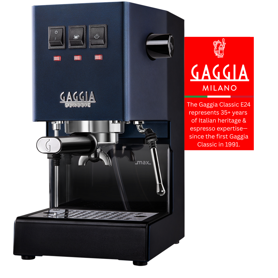 Gaggia Classic E24 | Brass Boiler & Brew Group | Premium SS Filter Holder & 58mm SS Portafilter | Made in Italy | 15-Bar Pump Espresso Machine | Classic Blue