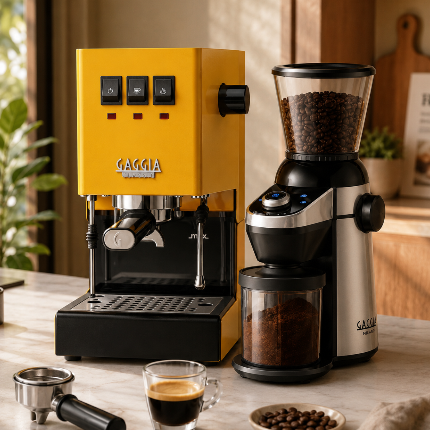 Gaggia Classic E24 Yellow Espresso Machine with MD 15 Coffee Grinder