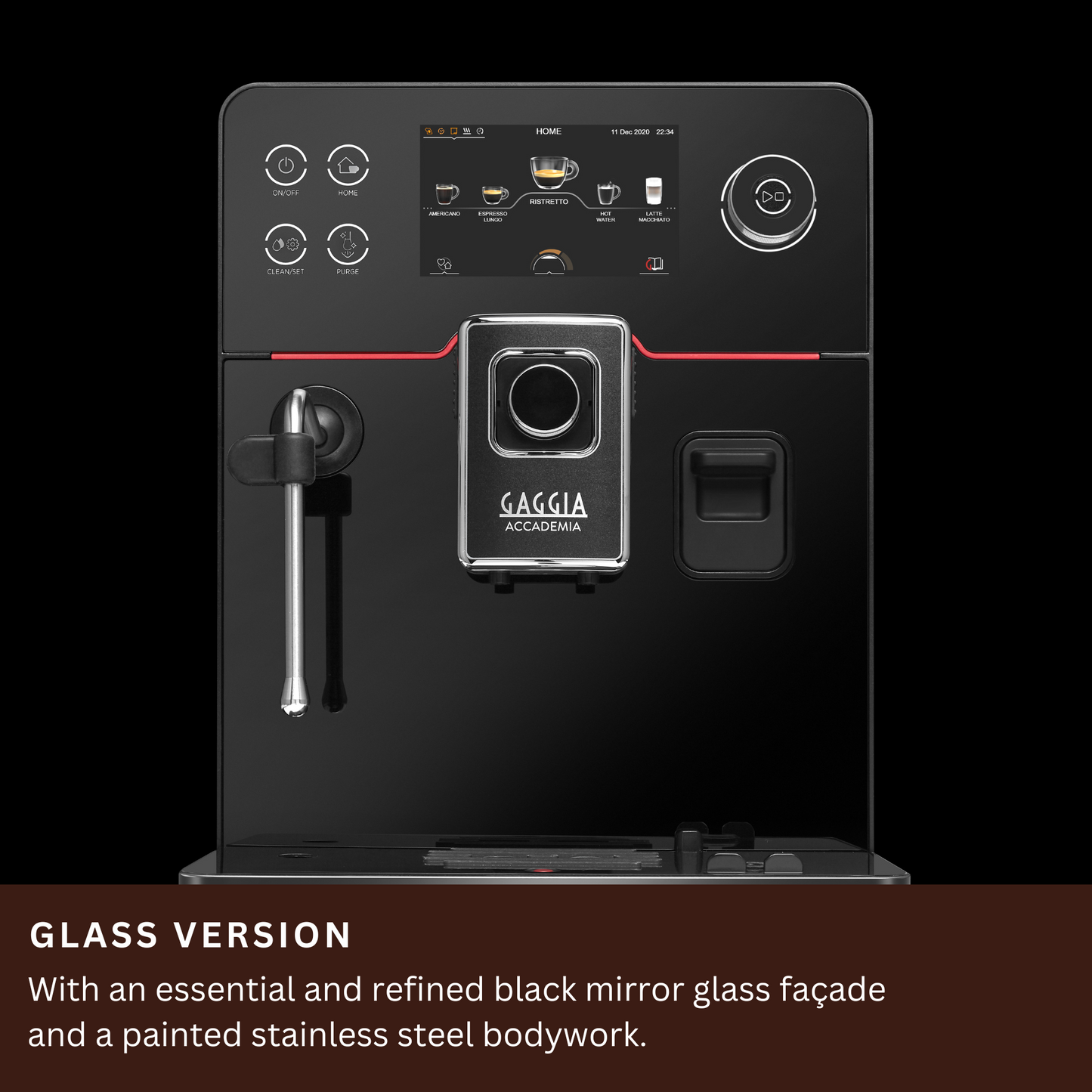 Gaggia New Accademia | 19 Drinks At Tap of Icon | 2 Milk Systems - Milk Carafe and Steam Wand | Control Water Flow Through Coffee | Luxury Black Glass Facade  | Made in Italy