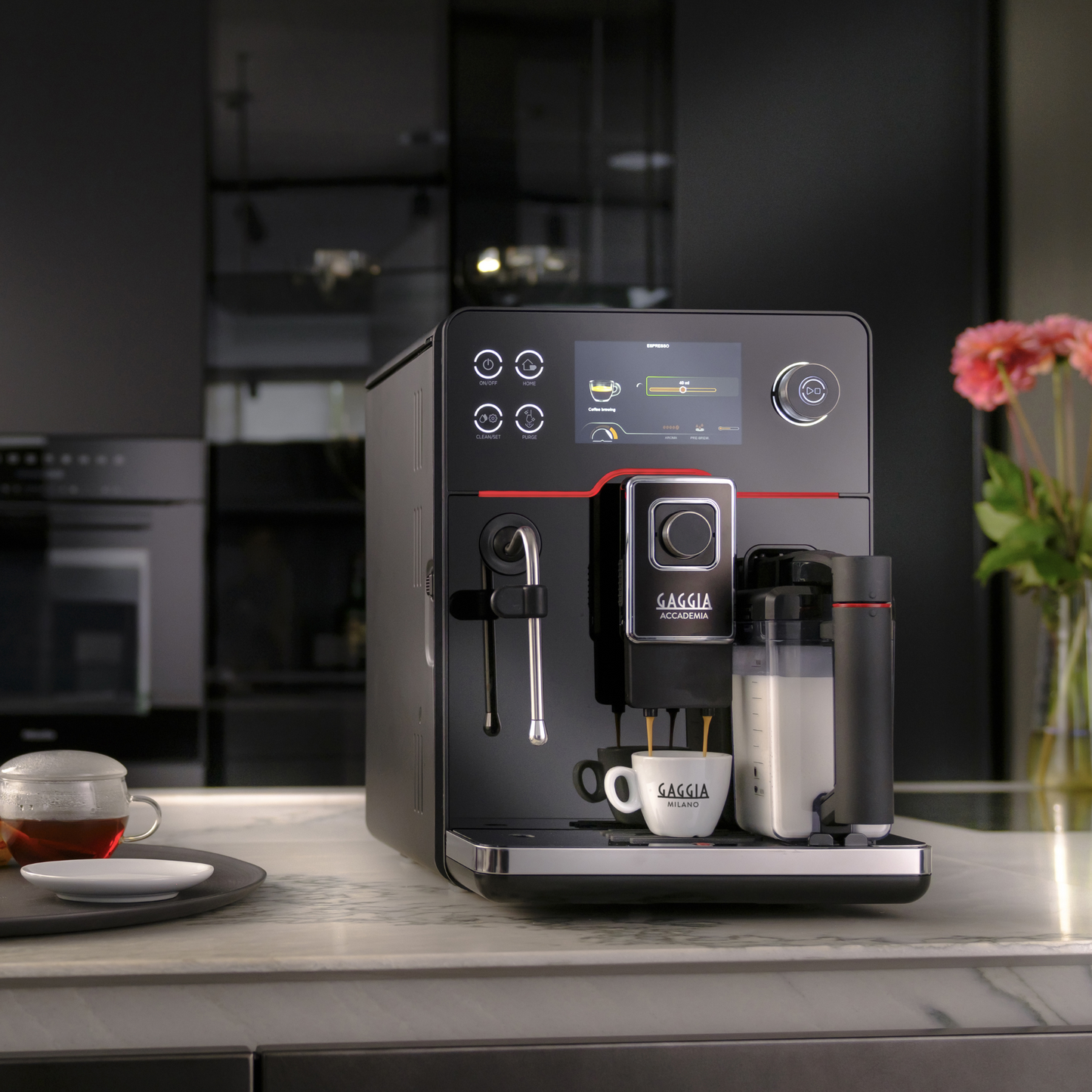 Gaggia New Accademia | 19 Drinks At Tap of Icon | 2 Milk Systems - Milk Carafe and Steam Wand | Control Water Flow Through Coffee | Luxury Black Glass Facade  | Made in Italy